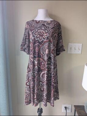 Perceptions Brown Paisley Midi Dress with Pink Accents